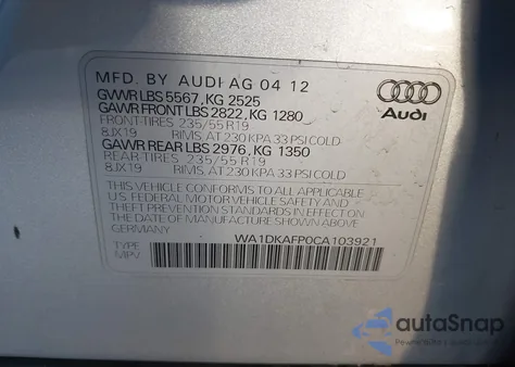 2012 Audi Q5 3.2 Premium Plus z USA, uszkodzony, nr VIN WA1DKAFP0CA103921